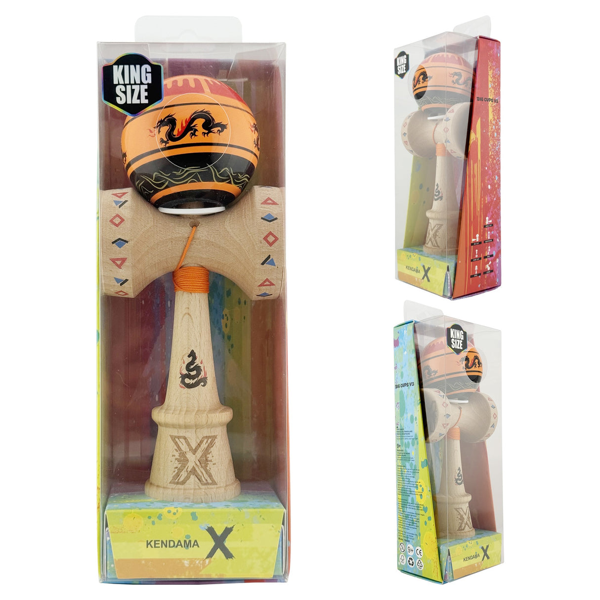 Kendama X Originala, Profesionala, Vivimall, DRAGON Series, Super Sticky cu Cupe Mari King Size V3, Rulment Metalic si Gaura in Baza, din Lemn 18 cm, Ata 55 cm, Portocaliu/Negru - vivimall.ro