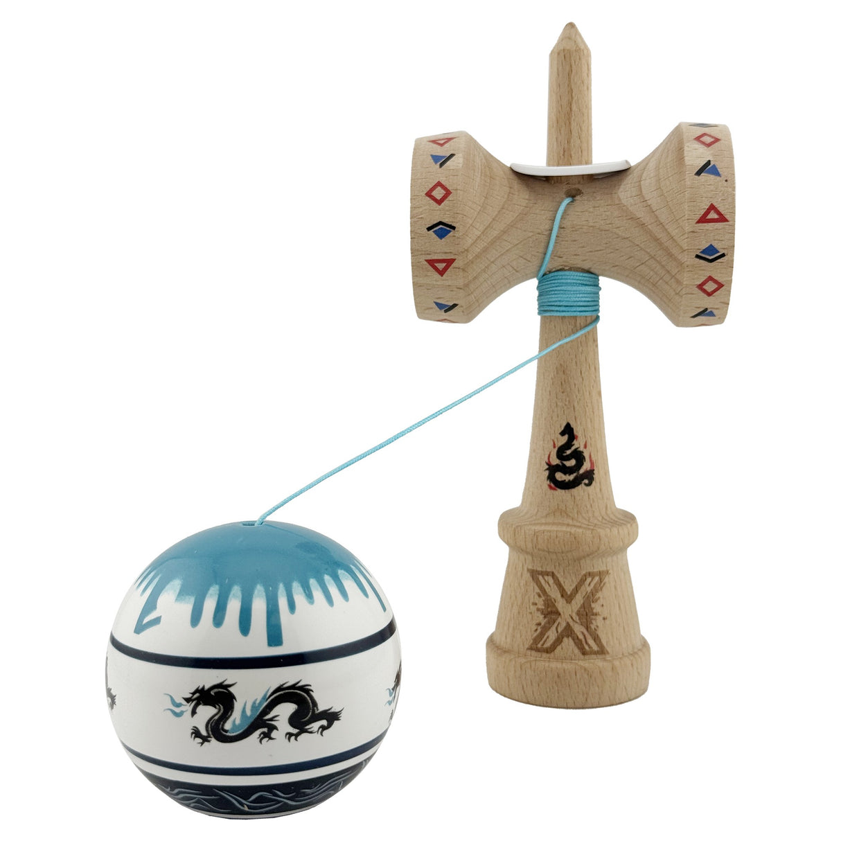 Kendama X Originala, Profesionala, Vivimall, DRAGON Series, Super Sticky cu Cupe Mari King Size V3, Rulment Metalic si Gaura in Baza, din Lemn 18 cm, Ata 55 cm, Albastru/Negru - vivimall.ro