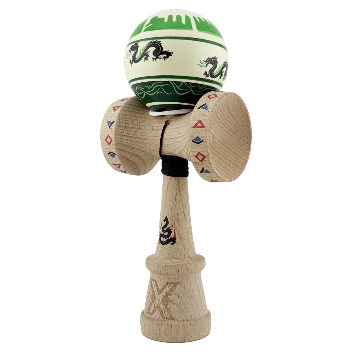 Kendama X Originala, Profesionala, Vivimall, DRAGON Series, Super Sticky cu Cupe Mari King Size V3, Rulment Metalic si Gaura in Baza, din Lemn 18 cm, Ata 55 cm, Verde deschis/Negru - vivimall.ro