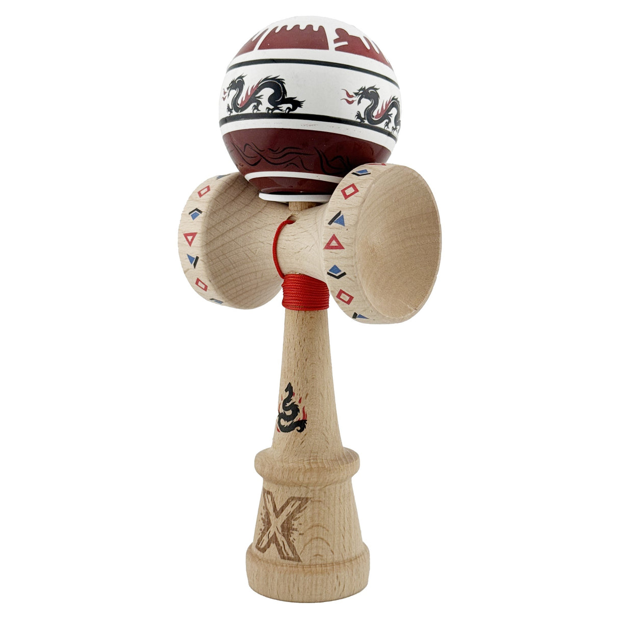 Kendama X Originala, Profesionala, Vivimall, DRAGON Series, Super Sticky cu Cupe Mari King Size V3, Rulment Metalic si Gaura in Baza, din Lemn 18 cm, Ata 55 cm, Alb/Rosu inchis - vivimall.ro