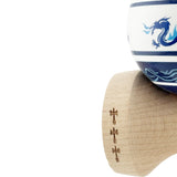 Kendama X Originala, Profesionala, Flippy, DRAGON Series, Super Sticky cu Cupe Mari King Size V3, Rulment Metalic si Gaura in Baza, din Lemn 18 cm, Ata 62/65 cm, Alb/Albastru inchis - vivimall.ro