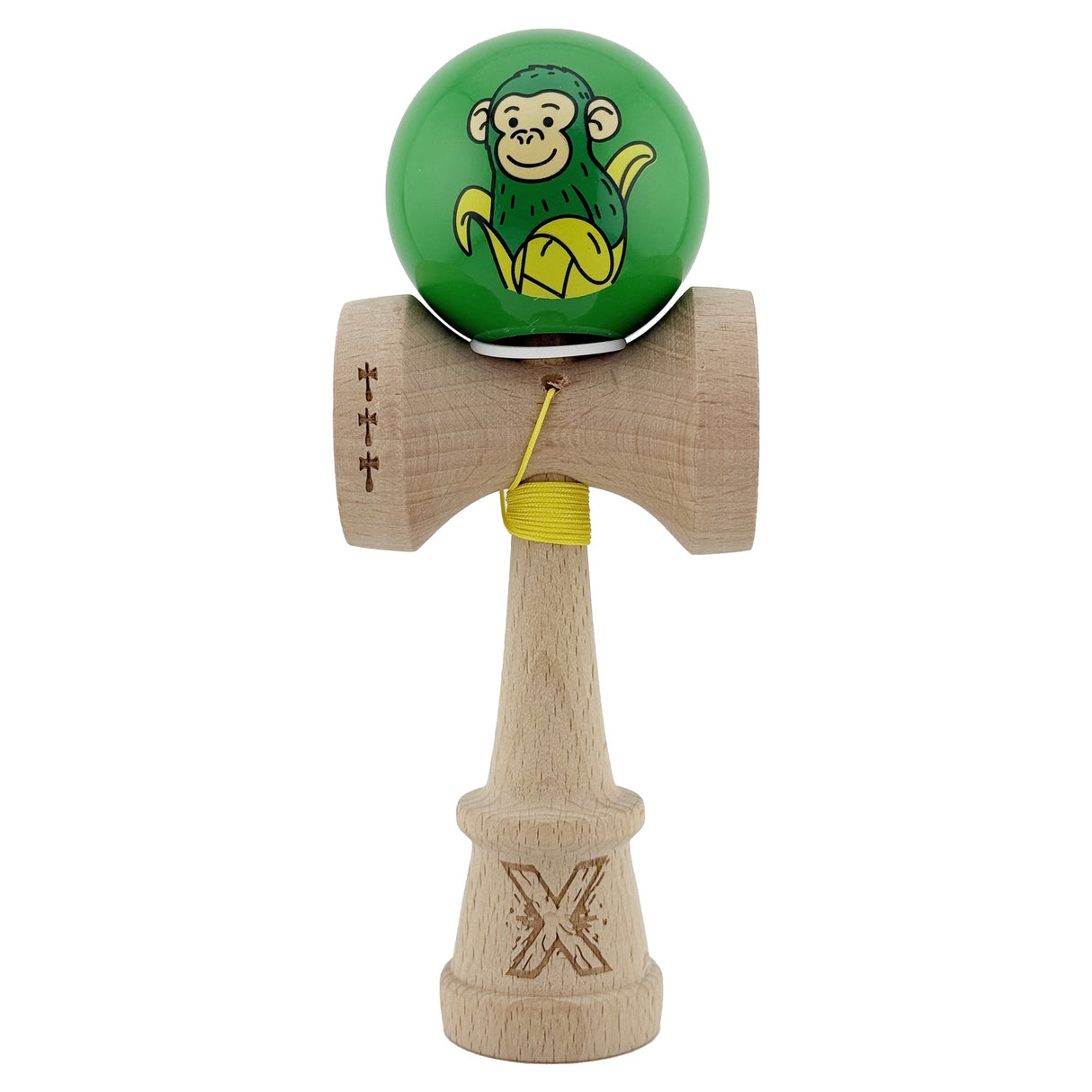 Kendama X Originala, Profesionala, Vivimall, Green Monkey, Super Sticky cu Cupe Mari King Size V3, Rulment Metalic si Gaura in Baza, din Lemn 18 cm, Ata 55 cm, Verde - vivimall.ro