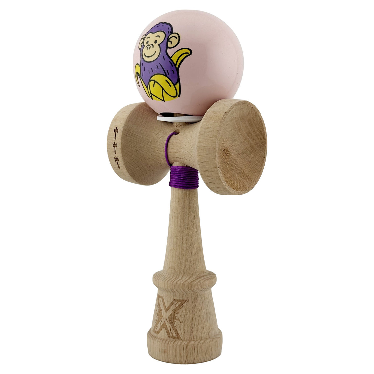 Kendama X Originala, Profesionala, Vivimall, Violet Monkey, Super Sticky cu Cupe Mari King Size V3, Rulment Metalic si Gaura in Baza, din Lemn 18 cm, Ata 55 cm, Roz - vivimall.ro