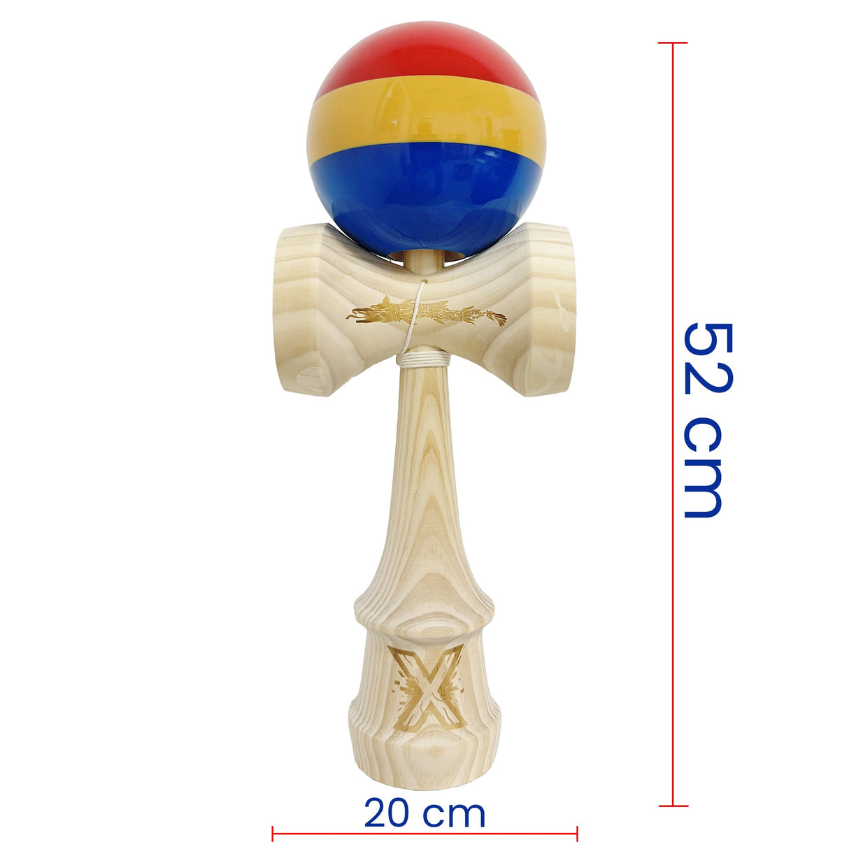 Kendama X Super Big cu cupe King Size 12 cm, bilă super sticky diametru 17 cm, lemn natural multicolor – detaliu cupe