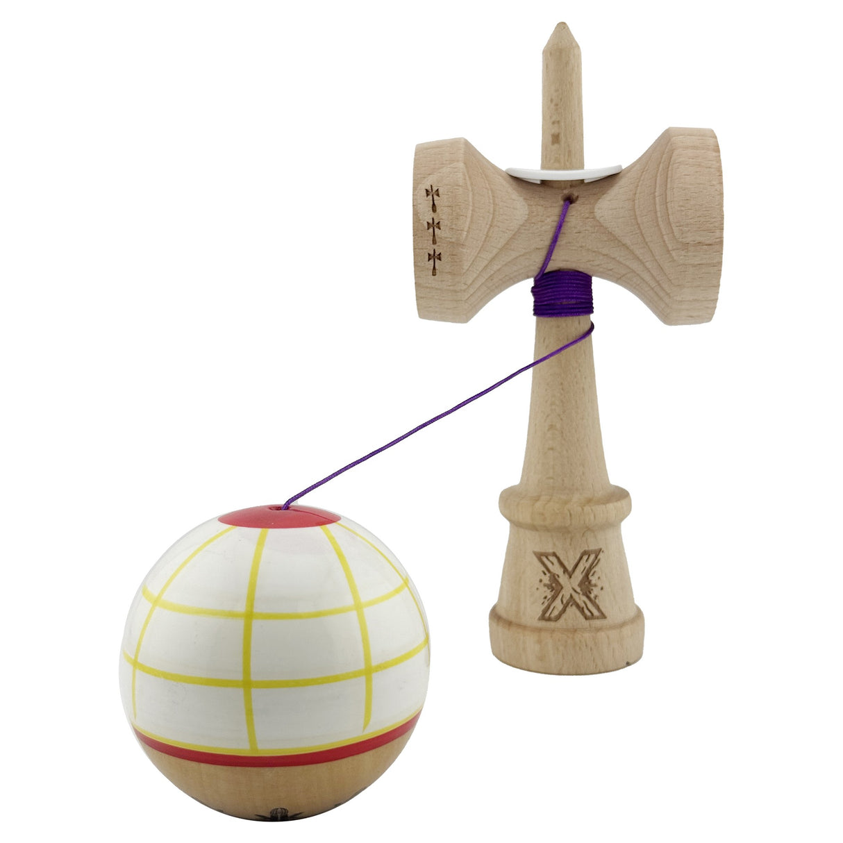 Kendama X Originala, Profesionala, Vivimall, Legendary Glob, Cupe Mari KING SIZE V3, Super Sticky, Gaura in Baza, Rulment Metalic, din lemn 18 cm, Ata 55 cm, Alb/Galben/Rosu - vivimall.ro