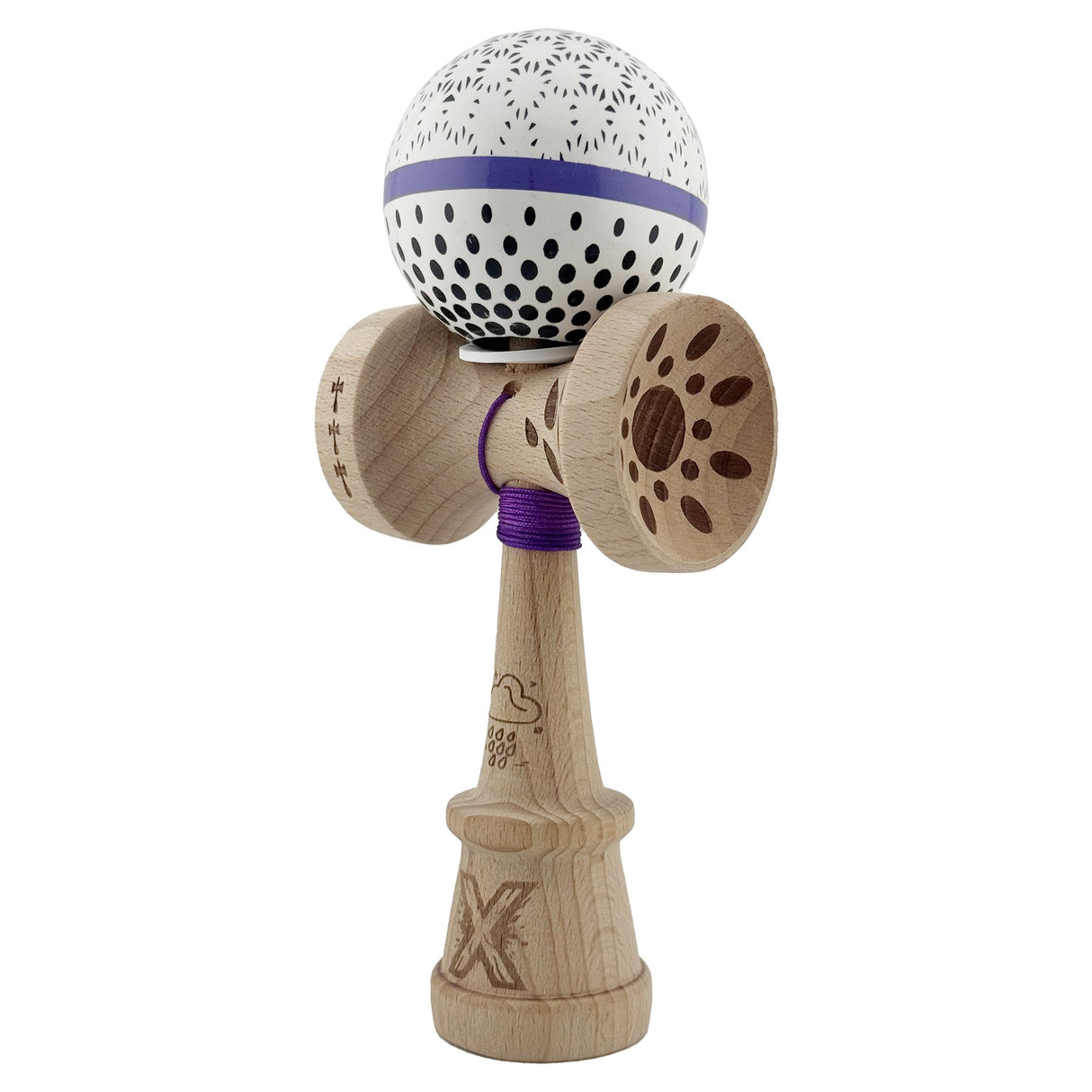 Kendama X Originala, Profesionala, Vivimall, RAINDROPS, Super Sticky cu Cupe Mari KING SIZE V3, Gaura in Baza, Rulment Metalic, din lemn 18 cm, Ata 62/65 cm, Alb/Albastru - vivimall.ro