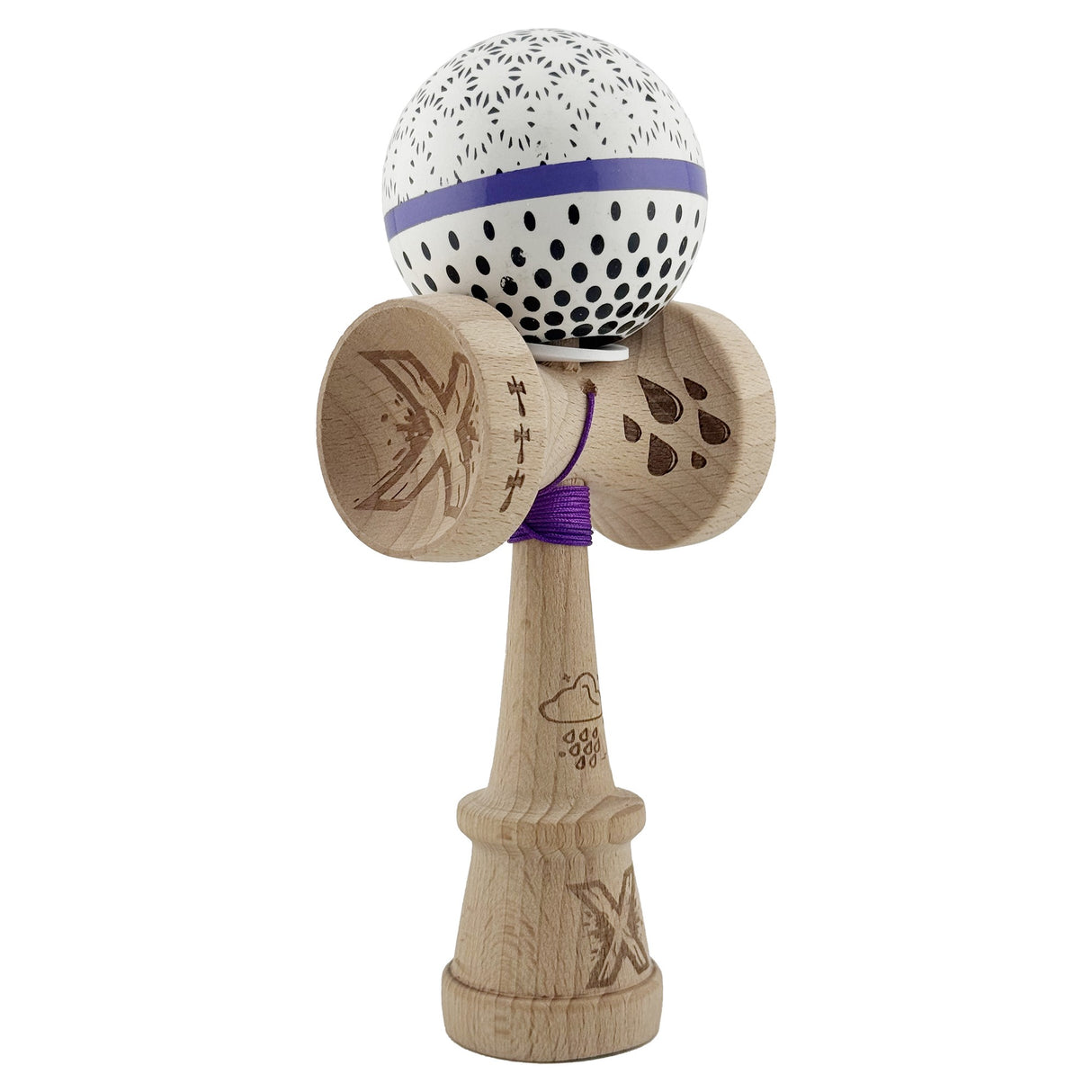 Kendama X Originala, Profesionala, Vivimall, RAINDROPS, Super Sticky cu Cupe Mari KING SIZE V3, Gaura in Baza, Rulment Metalic, din lemn 18 cm, Ata 62/65 cm, Alb/Albastru - vivimall.ro