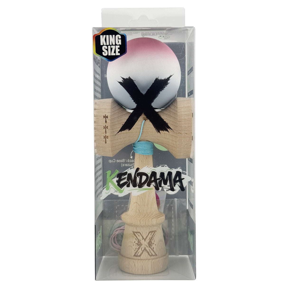Kendama X Originala, Profesionala, Vivimall, Rubber Grip, Cupe Mari KING SIZE V3, Gaura in Baza, Rulment Metalic, din lemn 18 cm, Ata 55 cm, Gradient Roz/Alb/Gri - vivimall.ro