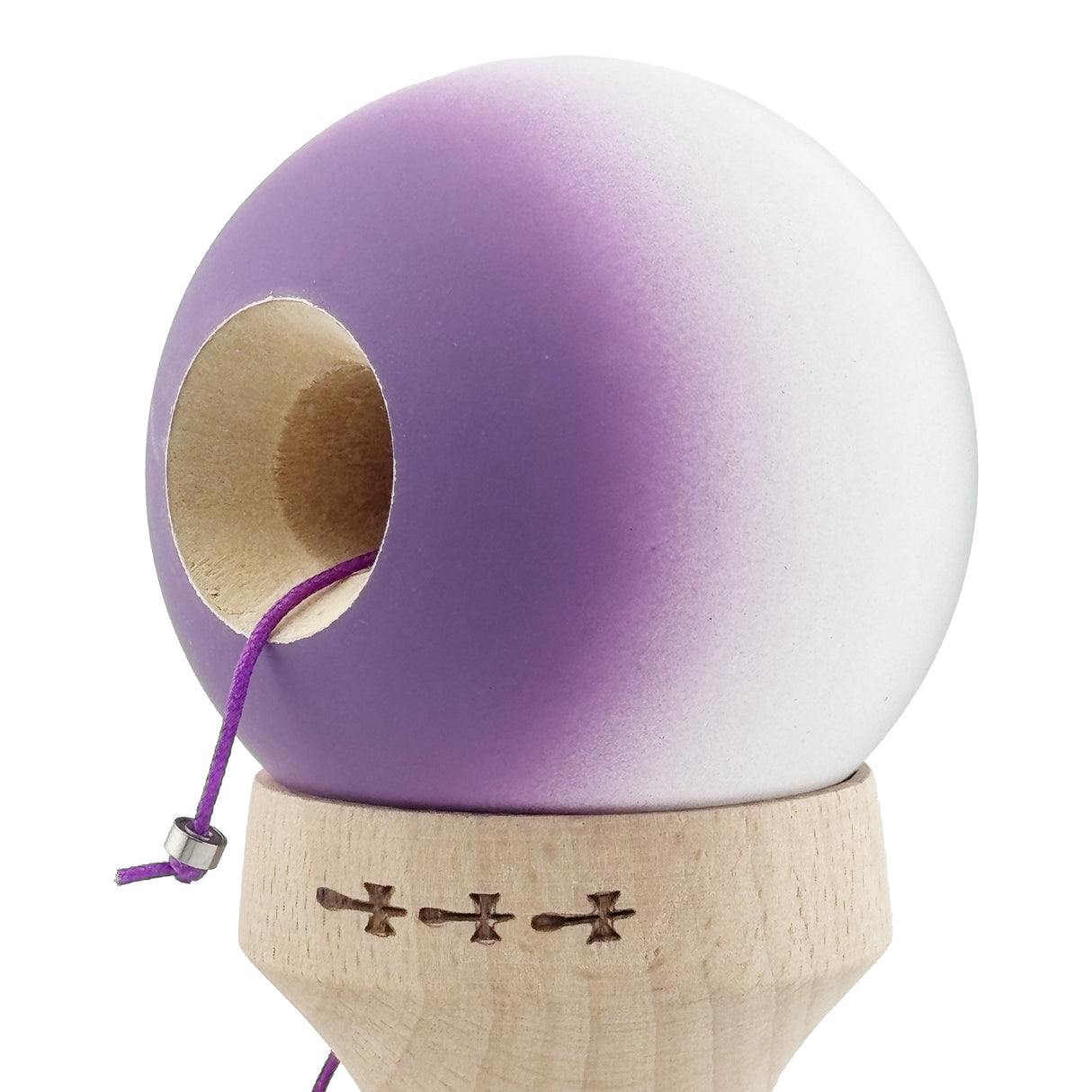 Kendama X Originala, Profesionala, Flippy, Rubber Grip, Cupe Mari KING SIZE V3, Gaura in Baza, Rulment Metalic, din lemn 18 cm, Ata 62/65 cm, Gradient Gri/Alb/Mov - vivimall.ro