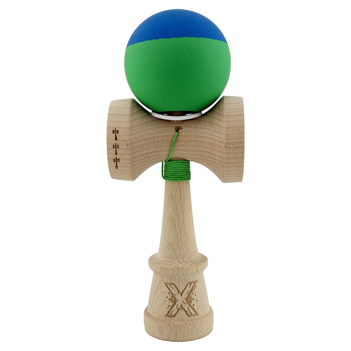 Kendama X Originala, Profesionala, Vivimall, Rubber Grip, Cupe Mari KING SIZE V3, Gaura in Baza, Rulment Metalic, din lemn 18 cm, Ata 55 cm, Bicolor Albastru/Verde - vivimall.ro