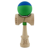 Kendama X Originala, Profesionala, Vivimall, Rubber Grip, Cupe Mari KING SIZE V3, Gaura in Baza, Rulment Metalic, din lemn 18 cm, Ata 55 cm, Bicolor Albastru/Verde - vivimall.ro