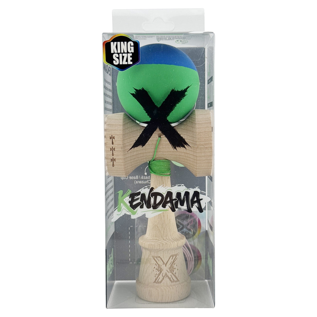Kendama X Originala, Profesionala, Vivimall, Rubber Grip, Cupe Mari KING SIZE V3, Gaura in Baza, Rulment Metalic, din lemn 18 cm, Ata 55 cm, Bicolor Albastru/Verde - vivimall.ro