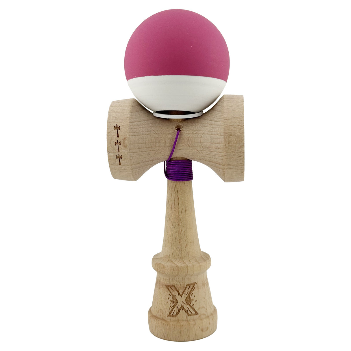 Kendama X Originala, Profesionala, Vivimall, Rubber Grip, Cupe Mari KING SIZE V3, Gaura in Baza, Rulment Metalic, din lemn 18 cm, Ata 55 cm, Bicolor Roz inchis/Alb - vivimall.ro