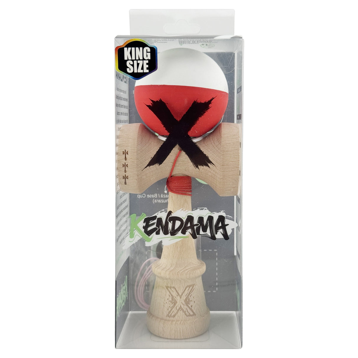 Kendama X Originala, Profesionala, Vivimall, Rubber Grip, Cupe Mari KING SIZE V3, Gaura in Baza, Rulment Metalic, din lemn 18 cm, Ata 55 cm, Bicolor Alb/Rosu - vivimall.ro