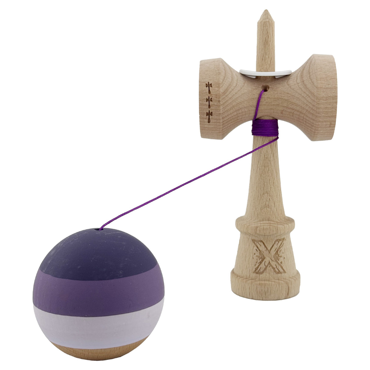 Kendama X Originala, Profesionala, Vivimall, Rubber Grip, Cupe Mari KING SIZE V3, Gaura in Baza, Rulment Metalic, din lemn 18 cm, Ata 55 cm, Special Purpuriu/Mov/Lila - vivimall.ro