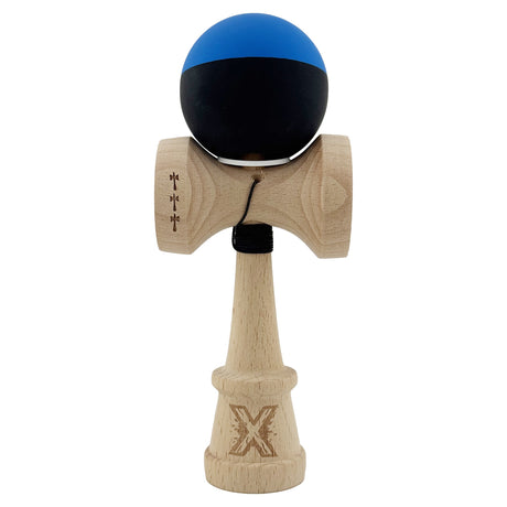 Kendama X Originala, Profesionala, Vivimall, Rubber Grip, Cupe Mari KING SIZE V3, Gaura in Baza, Rulment Metalic, din lemn 18 cm, Ata 55 cm, Bicolor Albastru/Negru - vivimall.ro