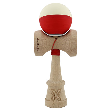 Kendama X Originala, Profesionala, Vivimall, Rubber Grip, Cupe Mari KING SIZE V3, Gaura in Baza, Rulment Metalic, din lemn 18 cm, Ata 55 cm, Bicolor Galben/Rosu - vivimall.ro