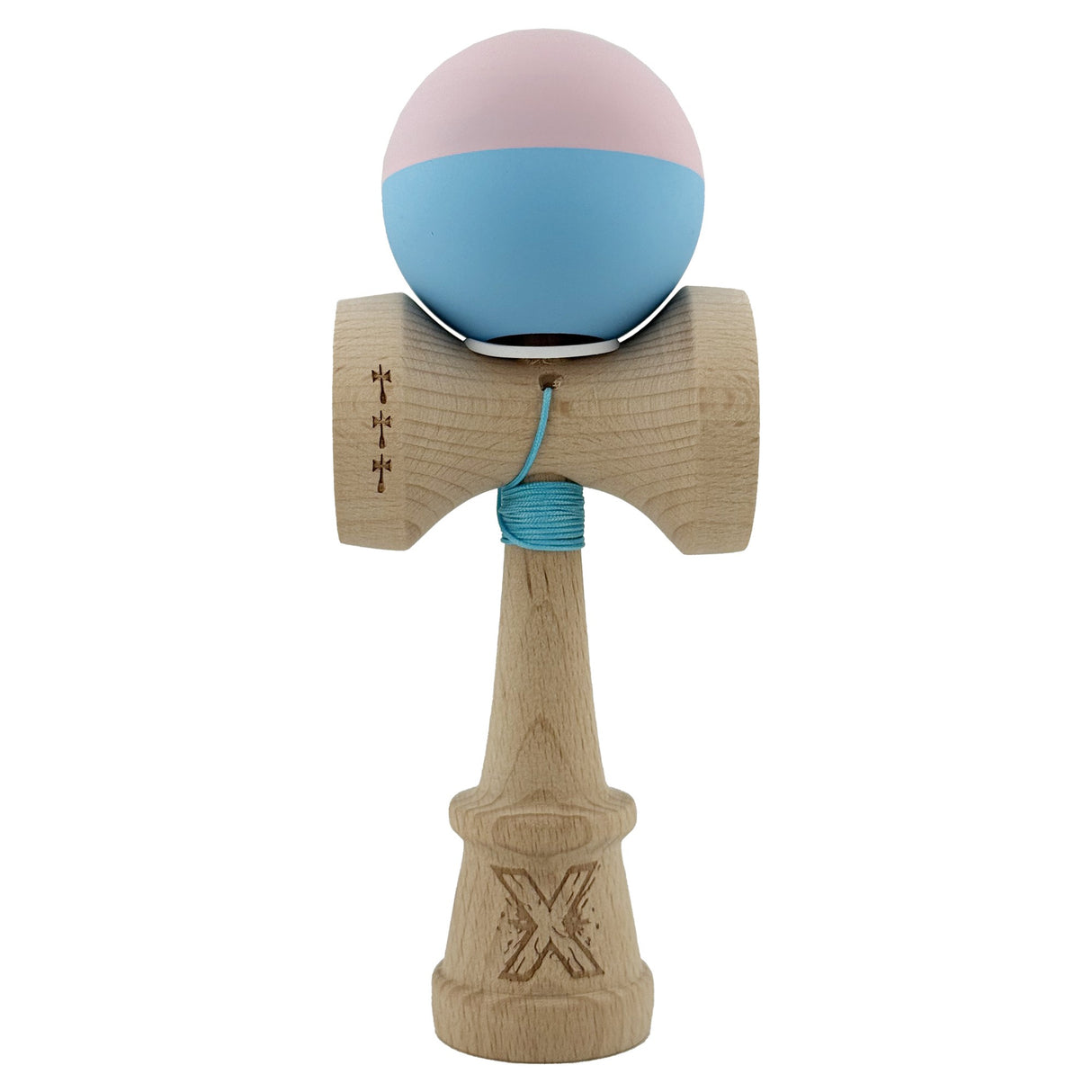 Kendama X Originala, Profesionala, Vivimall, Rubber Grip, Cupe Mari KING SIZE V3, Gaura in Baza, Rulment Metalic, din lemn 18 cm, Ata 55 cm, Bicolor Roz/Bleu - vivimall.ro