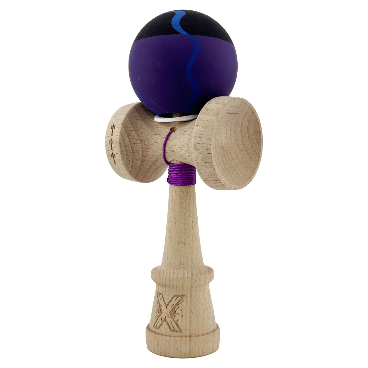 Kendama X Originala, Profesionala, Vivimall, Rubber Grip, Cupe Mari KING SIZE V3, Gaura in Baza, Rulment Metalic, din lemn 18 cm, Ata 55 cm, Special Negru/Mov/Albastru - vivimall.ro