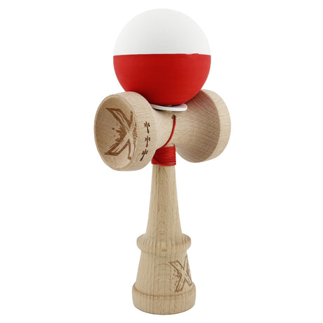 Kendama X Originala, Profesionala, Vivimall, Rubber Grip, Cupe Mari KING SIZE V3, Gaura in Baza, Rulment Metalic, din lemn 18 cm, Ata 55 cm, Bicolor Alb/Rosu - vivimall.ro