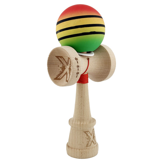 Kendama X Originala, Profesionala, Vivimall, Rubber Grip, Cupe Mari KING SIZE V3, Gaura in Baza, Rulment Metalic, din lemn 18 cm, Ata 55 cm, Special Rosu/Galben/Verde - vivimall.ro
