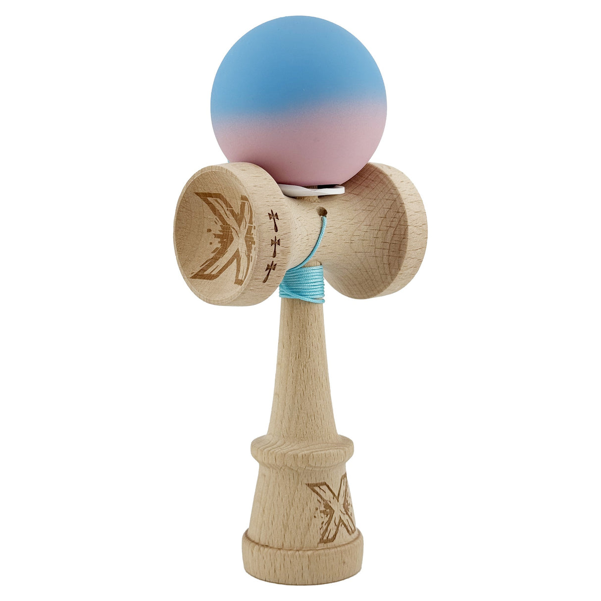 Kendama X Originala, Profesionala, Vivimall, Rubber Grip, Cupe Mari KING SIZE V3, Gaura in Baza, Rulment Metalic, din lemn 18 cm, Ata 55 cm, Gradient Albastru/Roz - vivimall.ro