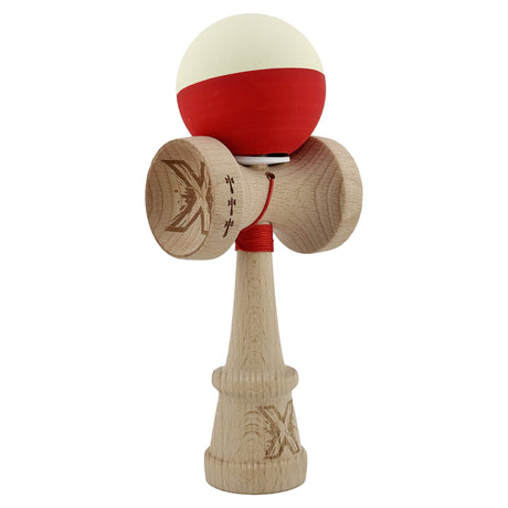 Kendama X Originala, Profesionala, Vivimall, Rubber Grip, Cupe Mari KING SIZE V3, Gaura in Baza, Rulment Metalic, din lemn 18 cm, Ata 55 cm, Bicolor Galben/Rosu - vivimall.ro