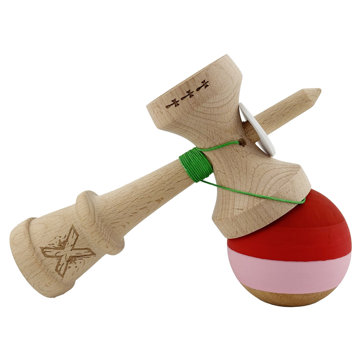 Kendama X Originala, Profesionala, Flippy, Rubber Grip, Cupe Mari KING SIZE V3, Gaura in Baza, Rulment Metalic, din lemn 18 cm, Ata 62/65 cm, Special Rosu/Roz/Maro
