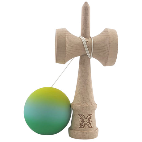 Kendama X Originala, Profesionala, Flippy, Rubber Grip, din Lemn, 18 cm, Galben/Albastru/Verde