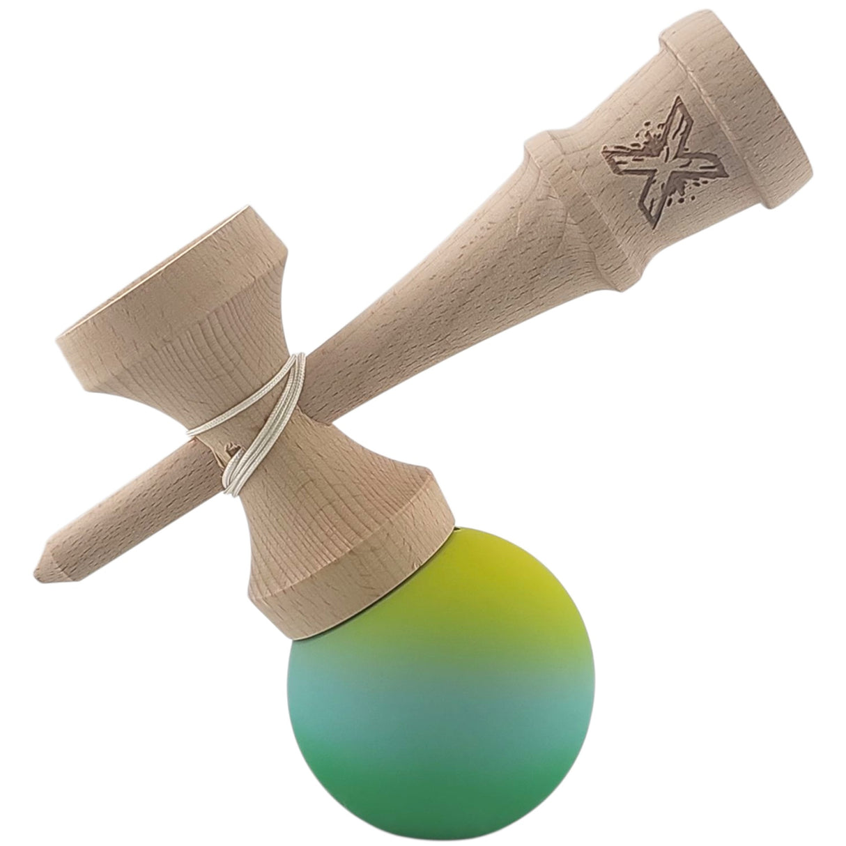 Kendama X Originala, Profesionala, Flippy, Rubber Grip, din Lemn, 18 cm, Galben/Albastru/Verde