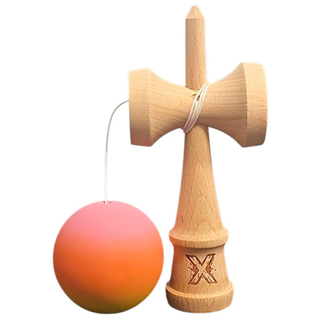 Kendama X Originala, Profesionala, Flippy, Rubber Grip, din Lemn, 18 cm, Roz/Portocaliu/Galben