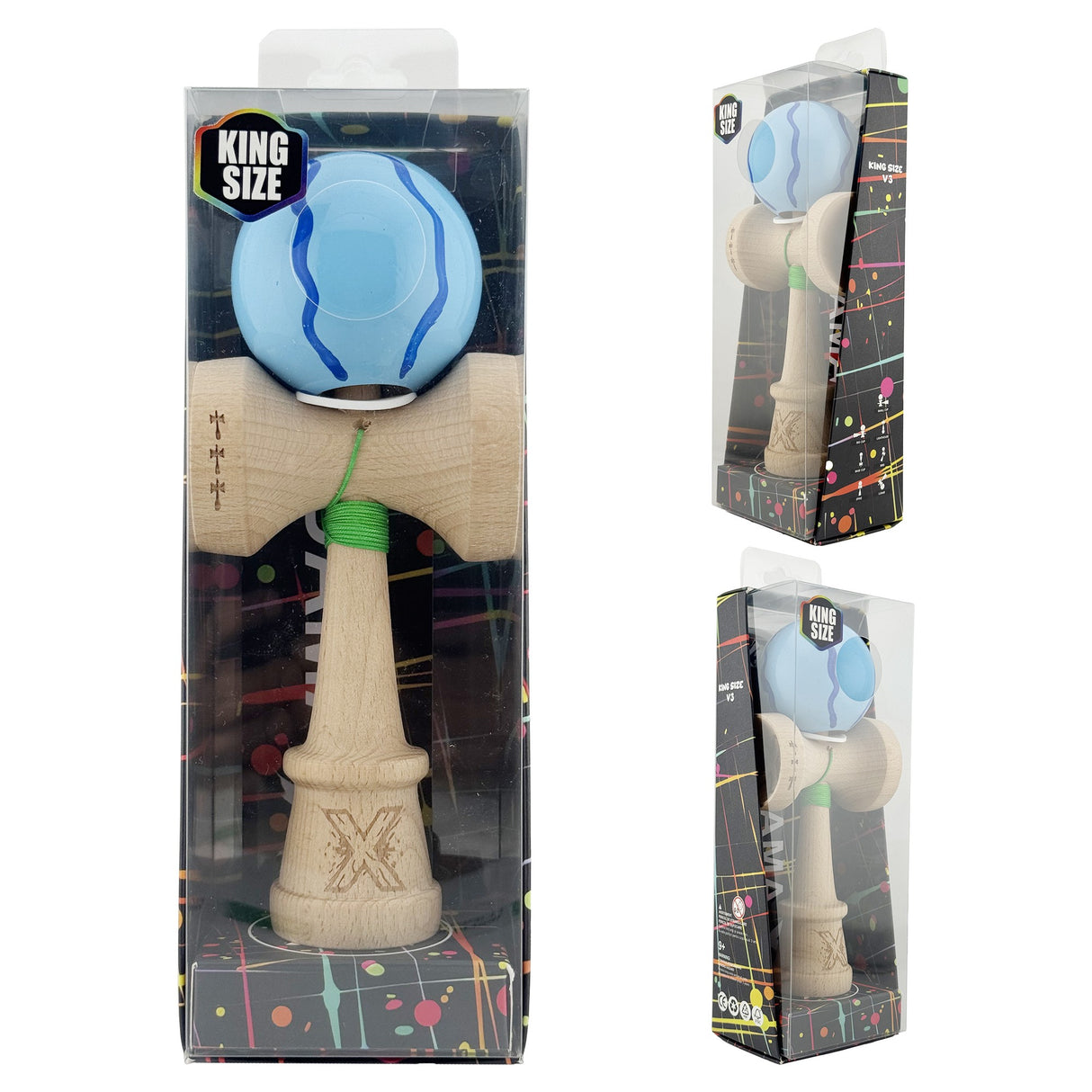 Kendama X Originala, Profesionala, Flippy, Super Sticky cu Cupe Mari KING SIZE V3, Gaura in Baza, Rulment Metalic, din lemn 18 cm, Ata 62/65 cm, Special Albastru deschis - vivimall.ro