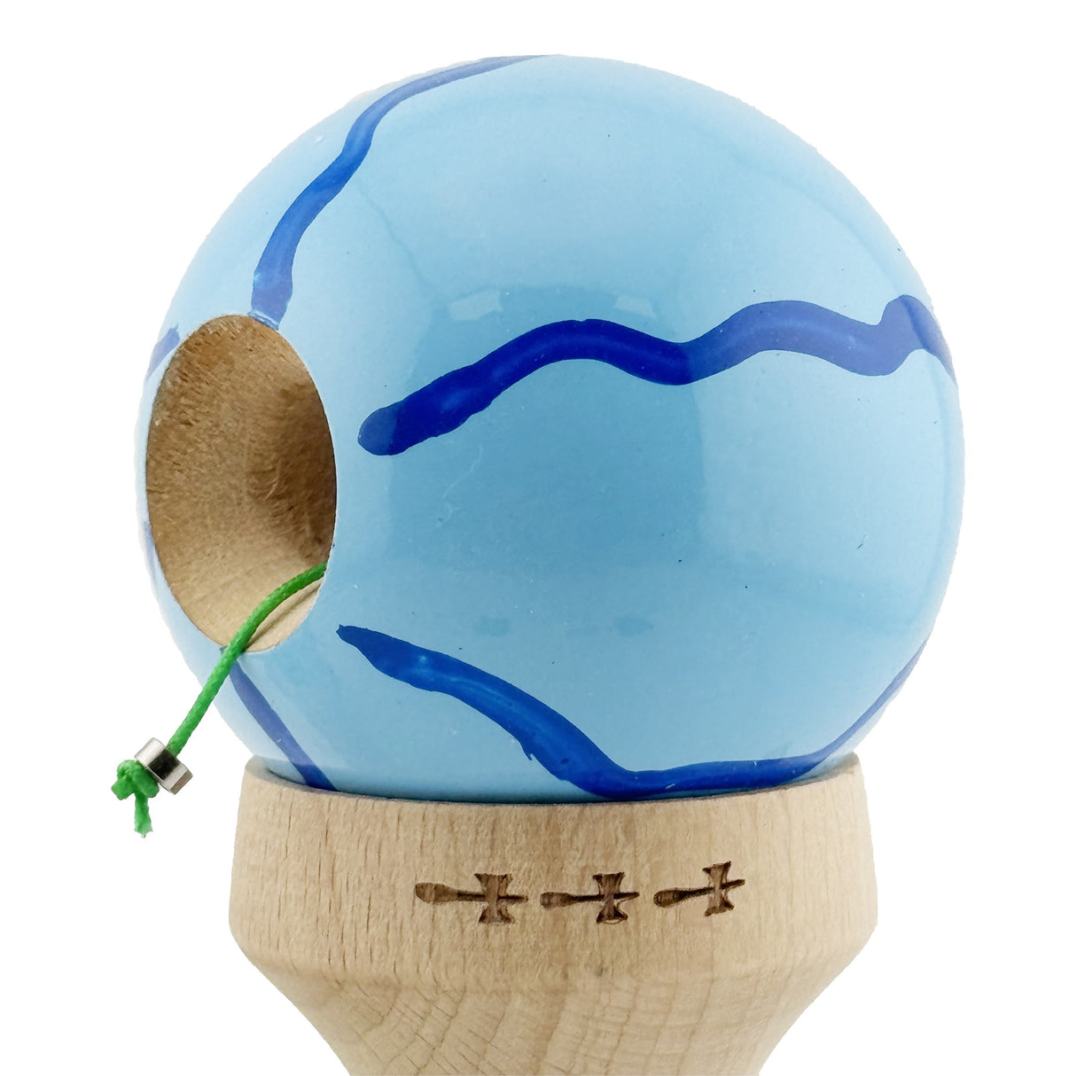 Kendama X Originala, Profesionala, Flippy, Super Sticky cu Cupe Mari KING SIZE V3, Gaura in Baza, Rulment Metalic, din lemn 18 cm, Ata 62/65 cm, Special Albastru deschis - vivimall.ro