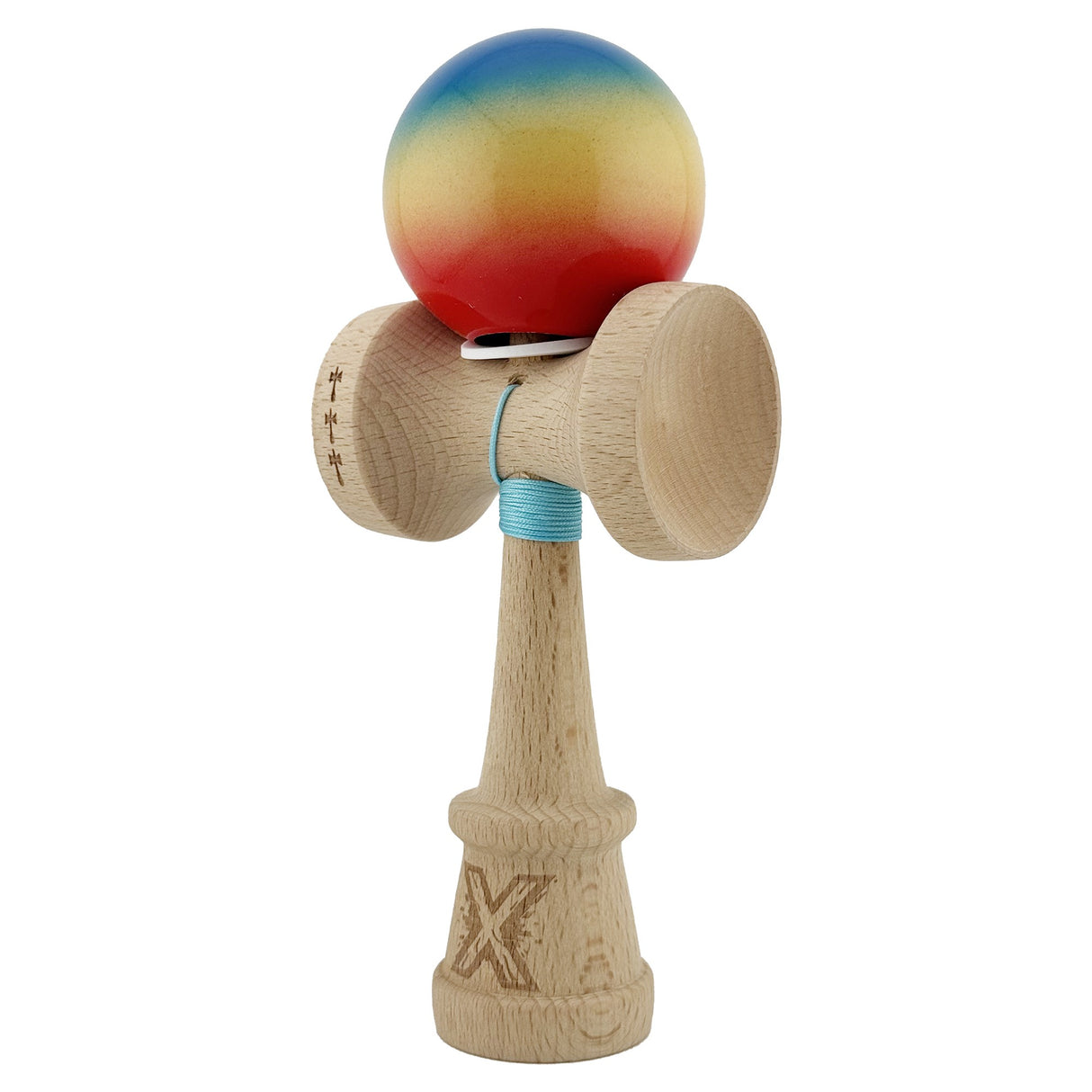 Kendama X Originala, Profesionala, Flippy, Super Sticky cu Cupe Mari KING SIZE V3, Gaura in Baza, Rulment Metalic, din lemn 18 cm, Ata 62/65 cm, Gradient Albastru/Galben/Rosu - vivimall.ro