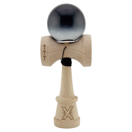 Kendama X Originala, Profesionala, Flippy, Super Sticky cu Cupe Mari KING SIZE V3, Gaura in Baza, Rulment Metalic, din lemn 18 cm, Ata 62/65 cm, Gradient Negru/Alb
