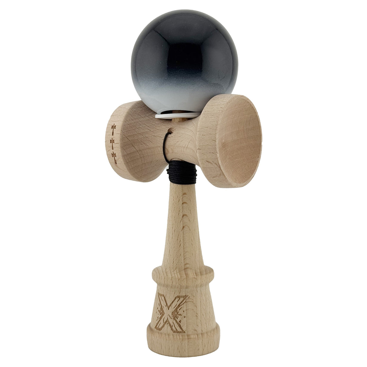 Kendama X Originala, Profesionala, Flippy, Super Sticky cu Cupe Mari KING SIZE V3, Gaura in Baza, Rulment Metalic, din lemn 18 cm, Ata 62/65 cm, Gradient Negru/Alb