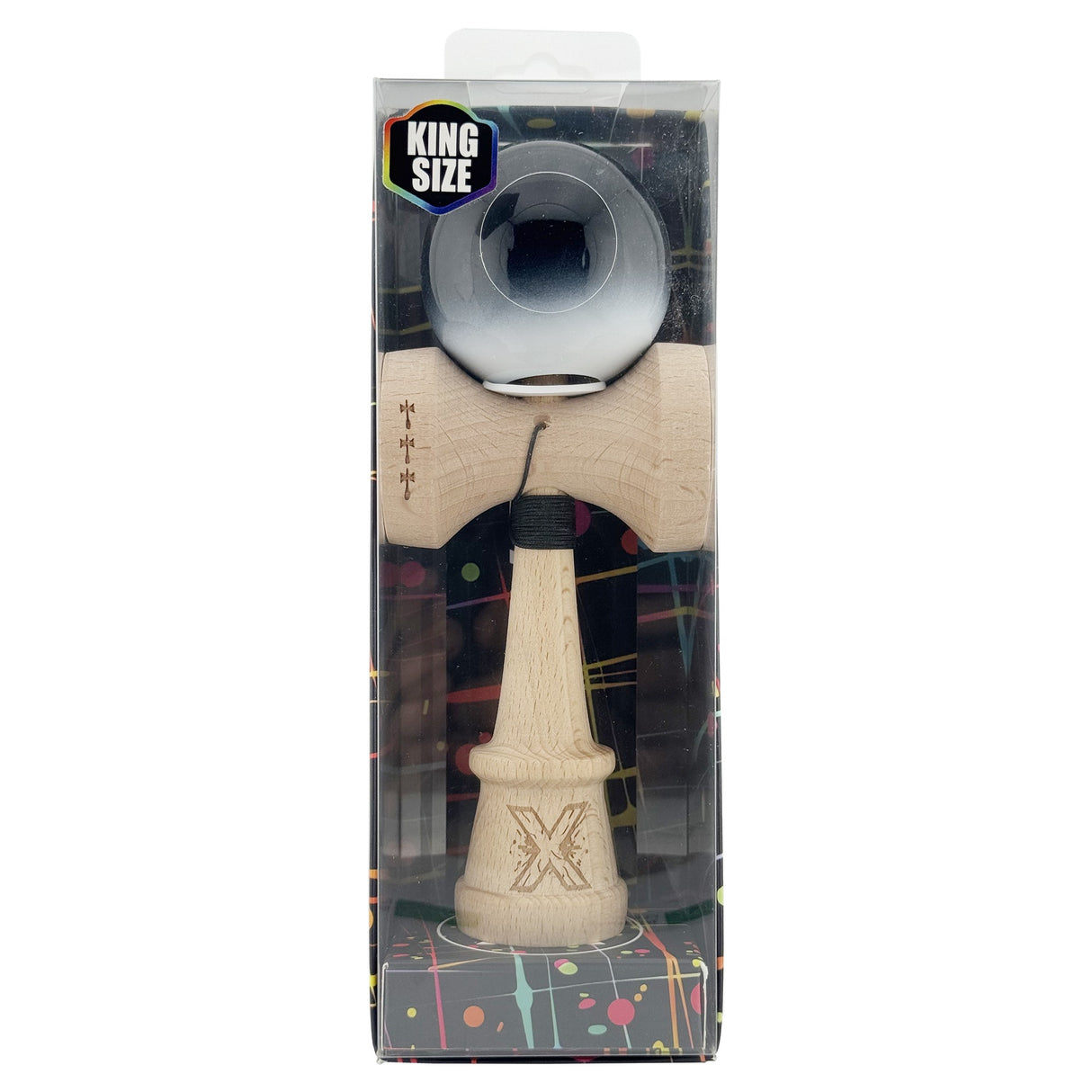 Kendama X Originala, Profesionala, Flippy, Super Sticky cu Cupe Mari KING SIZE V3, Gaura in Baza, Rulment Metalic, din lemn 18 cm, Ata 62/65 cm, Gradient Negru/Alb