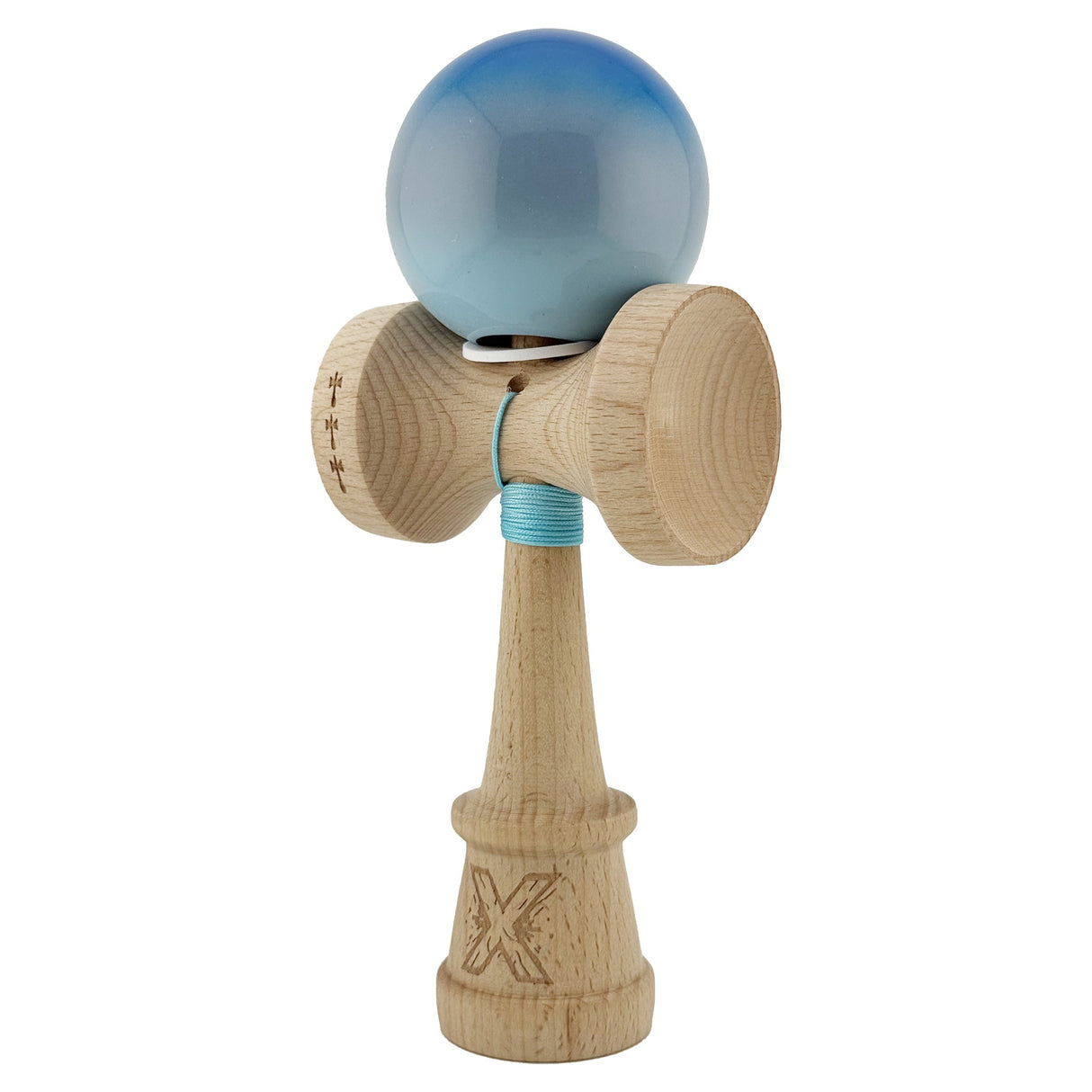 Kendama X Originala, Profesionala, Flippy, Super Sticky cu Cupe Mari KING SIZE V3, Gaura in Baza, Rulment Metalic, din lemn 18 cm, Ata 62/65 cm, Gradient Albastru/Gri/Bleu - vivimall.ro
