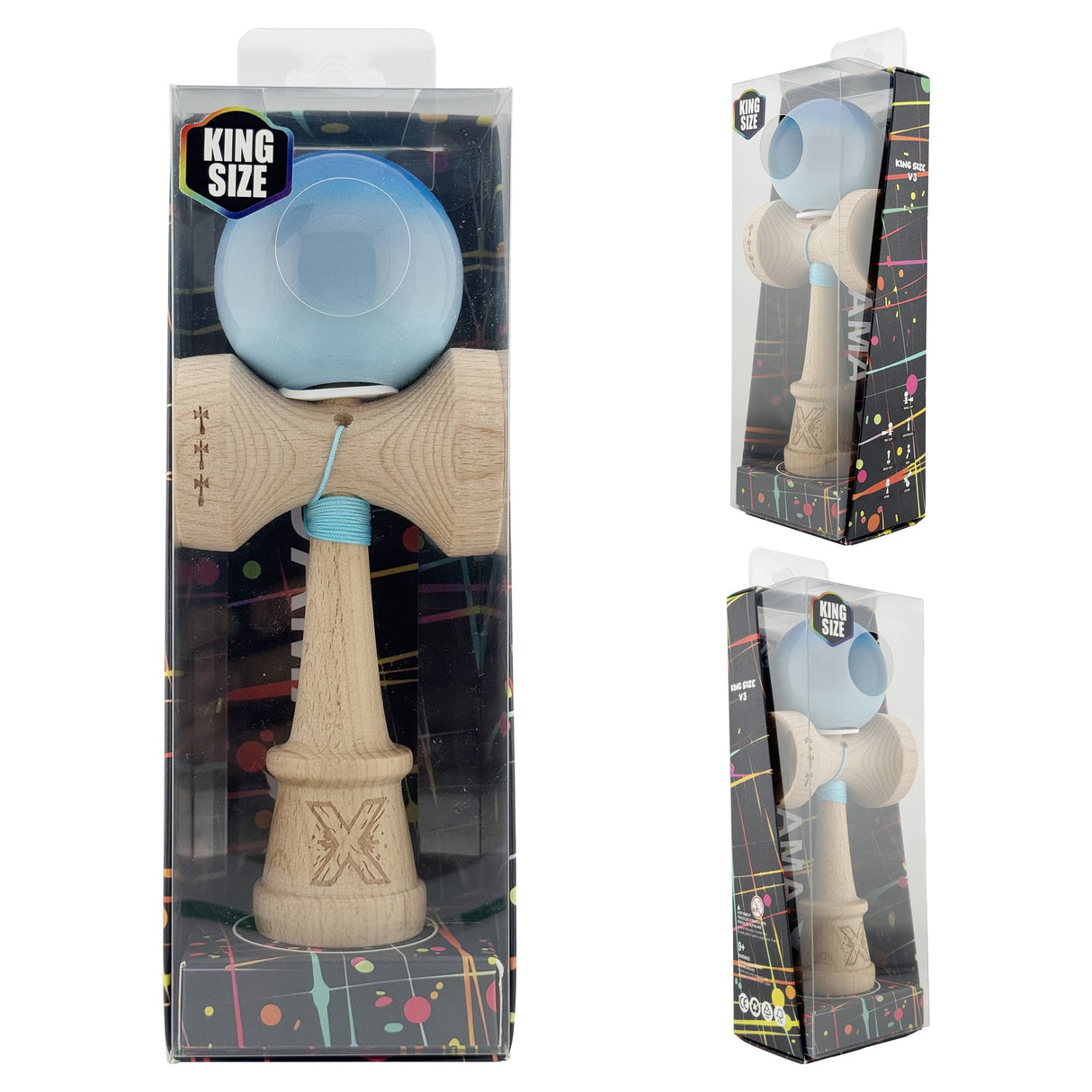 Kendama X Originala, Profesionala, Flippy, Super Sticky cu Cupe Mari KING SIZE V3, Gaura in Baza, Rulment Metalic, din lemn 18 cm, Ata 62/65 cm, Gradient Albastru/Gri/Bleu - vivimall.ro
