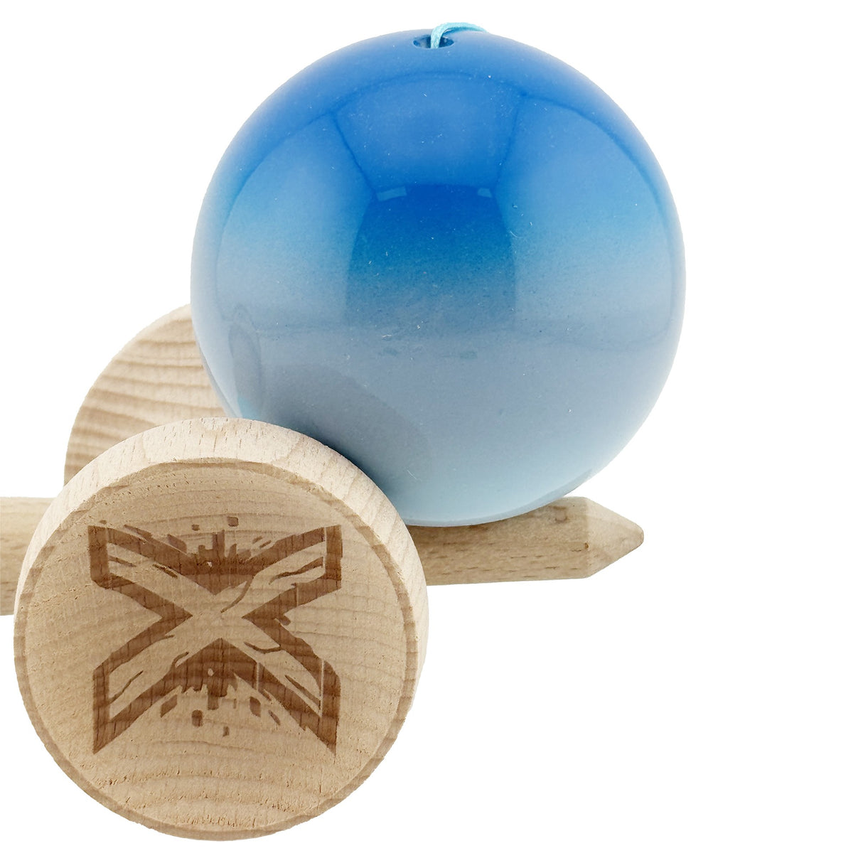 Kendama X Originala, Profesionala, Flippy, Super Sticky cu Cupe Mari KING SIZE V3, Gaura in Baza, Rulment Metalic, din lemn 18 cm, Ata 62/65 cm, Gradient Albastru/Gri/Bleu - vivimall.ro