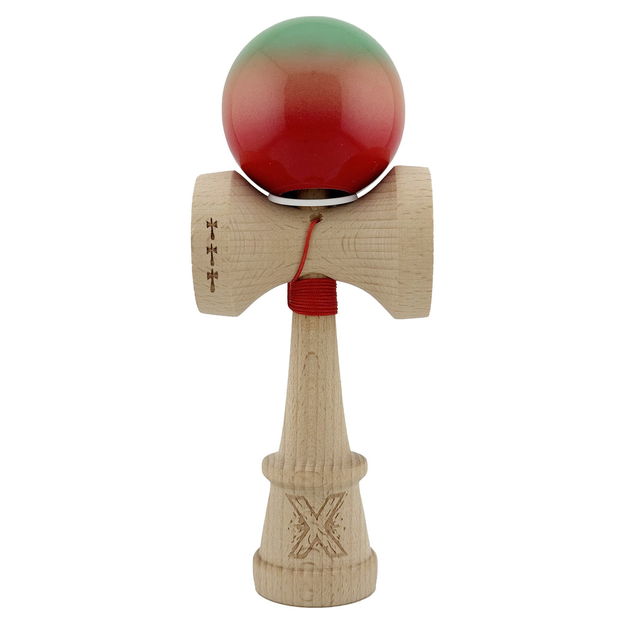 Kendama X Originala, Profesionala, Flippy, Super Sticky cu Cupe Mari KING SIZE V3, Gaura in Baza, Rulment Metalic, din lemn 18 cm, Ata 62/65 cm, Gradient Verde/Portocaliu/Rosu - vivimall.ro