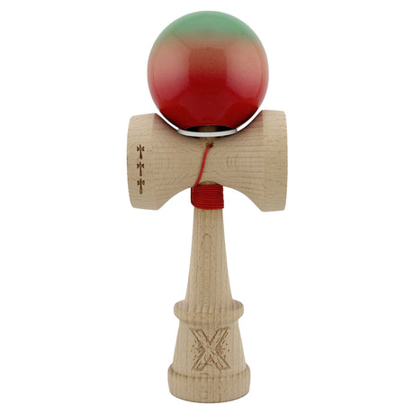 Kendama X Originala, Profesionala, Flippy, Super Sticky cu Cupe Mari KING SIZE V3, Gaura in Baza, Rulment Metalic, din lemn 18 cm, Ata 62/65 cm, Gradient Verde/Portocaliu/Rosu - vivimall.ro