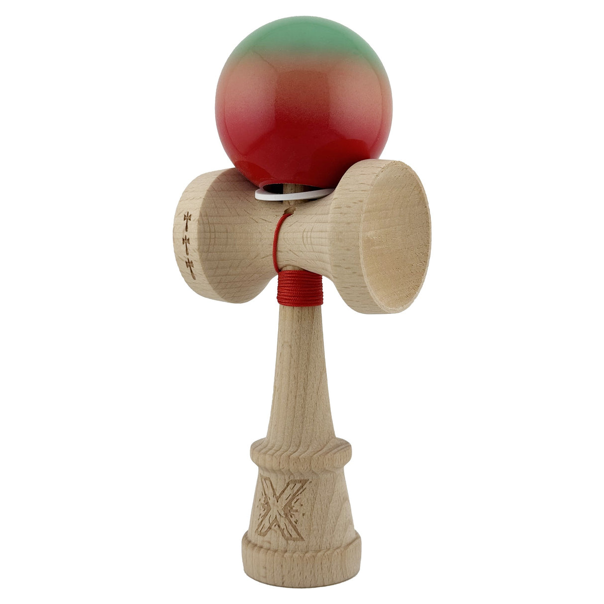 Kendama X Originala, Profesionala, Flippy, Super Sticky cu Cupe Mari KING SIZE V3, Gaura in Baza, Rulment Metalic, din lemn 18 cm, Ata 62/65 cm, Gradient Verde/Portocaliu/Rosu - vivimall.ro
