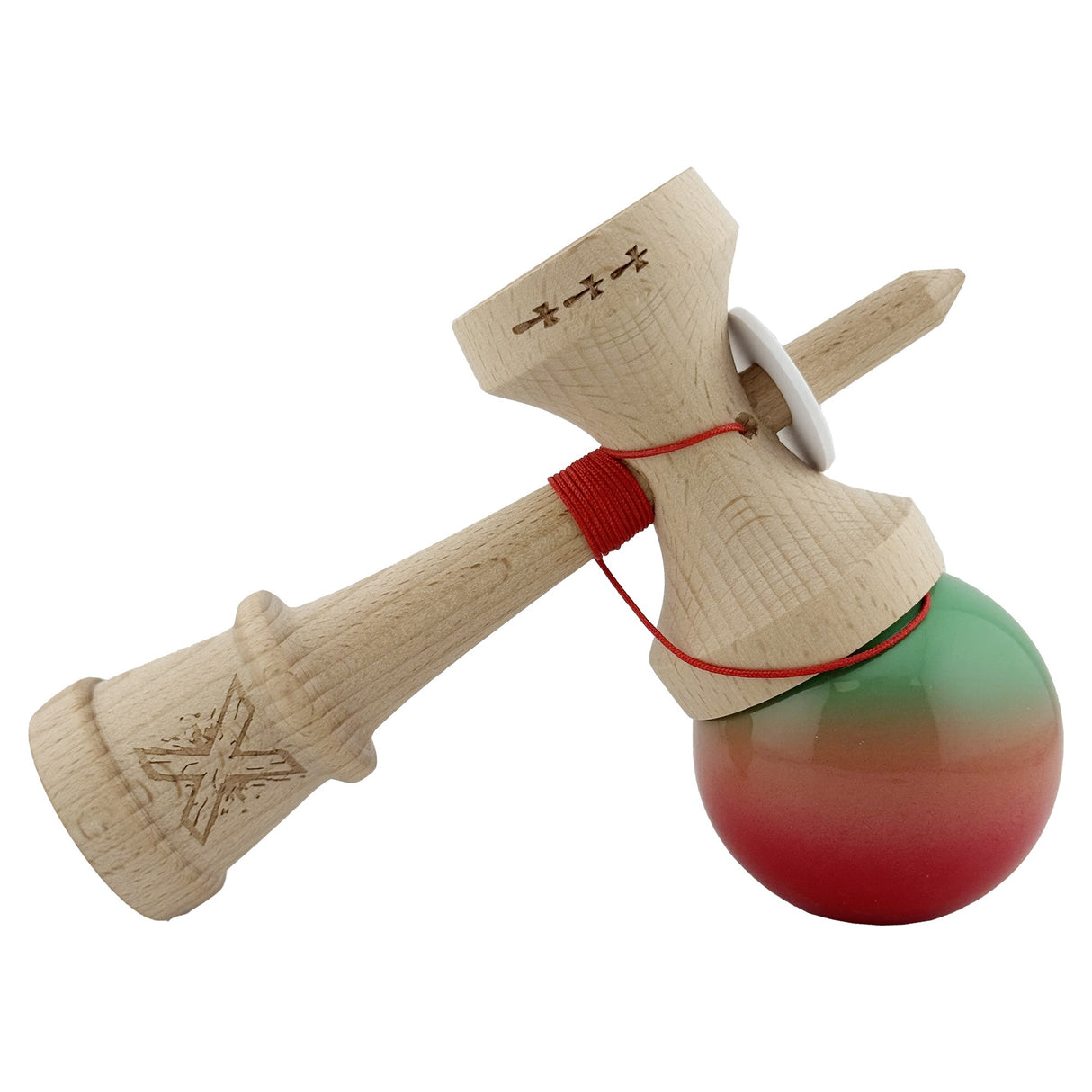 Kendama X Originala, Profesionala, Flippy, Super Sticky cu Cupe Mari KING SIZE V3, Gaura in Baza, Rulment Metalic, din lemn 18 cm, Ata 62/65 cm, Gradient Verde/Portocaliu/Rosu - vivimall.ro