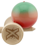 Kendama X Originala, Profesionala, Flippy, Super Sticky cu Cupe Mari KING SIZE V3, Gaura in Baza, Rulment Metalic, din lemn 18 cm, Ata 62/65 cm, Gradient Verde/Portocaliu/Rosu - vivimall.ro