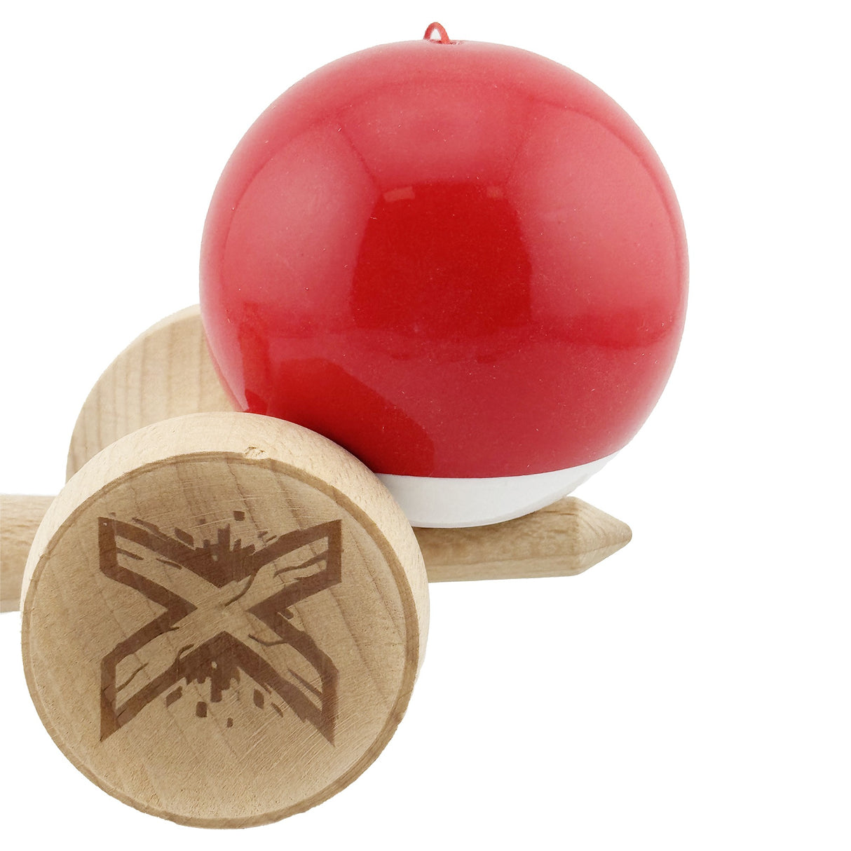 Kendama originală King Size V3 așezată pe suprafață, vedere de sus, model bicolor Roșu/Alb