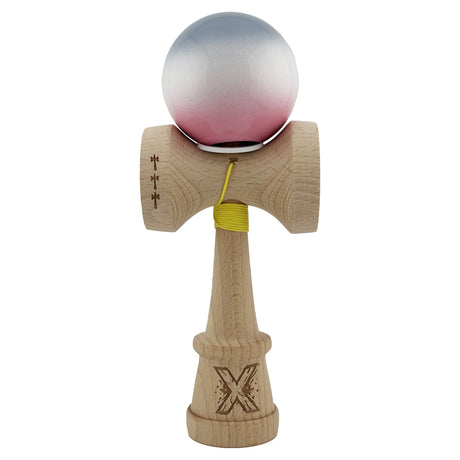 Kendama X Originala, Profesionala, Flippy, Super Sticky cu Cupe Mari KING SIZE V3, Gaura in Baza, Rulment Metalic, din lemn 18 cm, Ata 62/65 cm, Gradient Gri/Alb/Roz - vivimall.ro