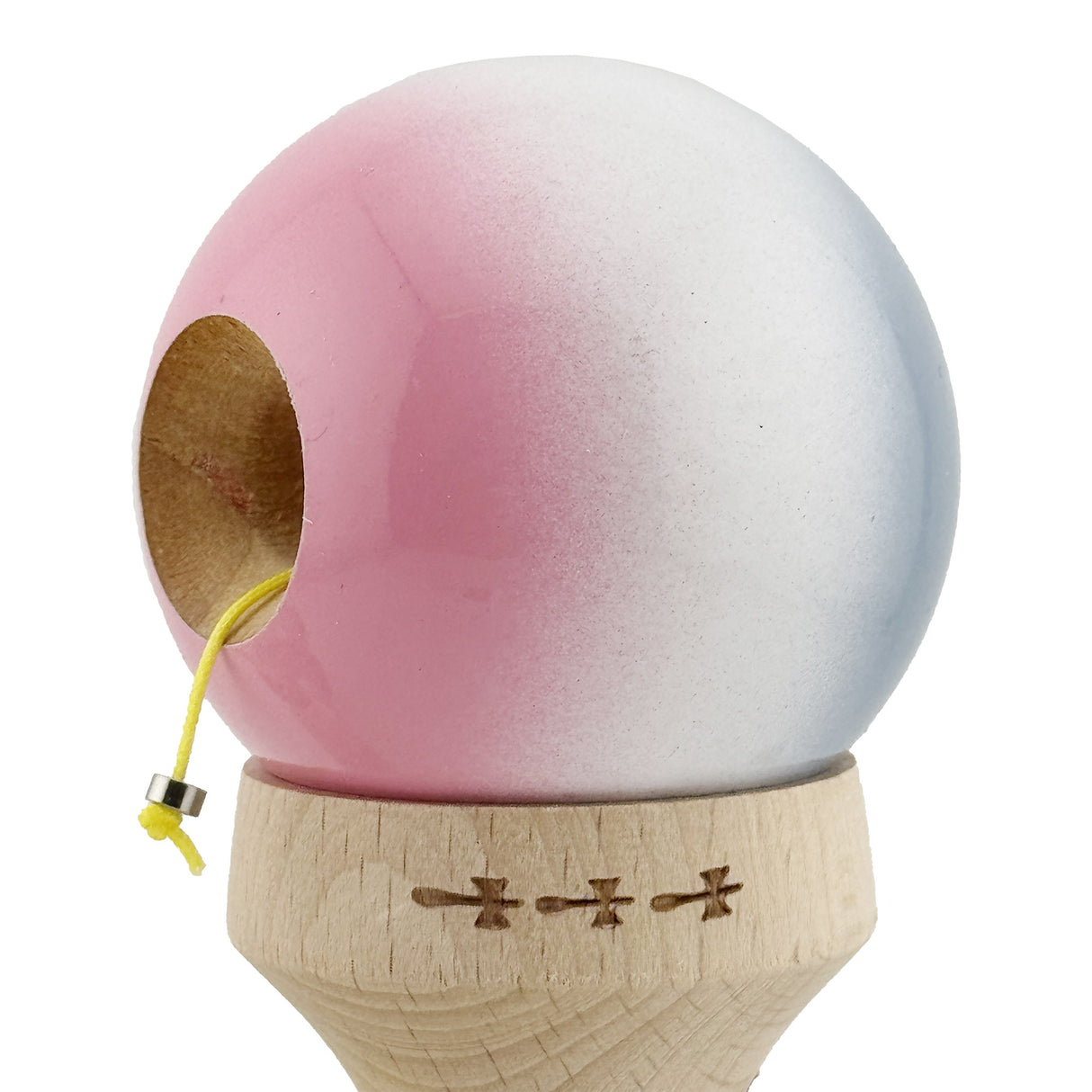 Kendama X Originala, Profesionala, Flippy, Super Sticky cu Cupe Mari KING SIZE V3, Gaura in Baza, Rulment Metalic, din lemn 18 cm, Ata 62/65 cm, Gradient Gri/Alb/Roz - vivimall.ro