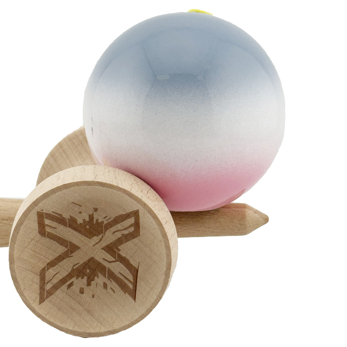 Kendama X Originala, Profesionala, Flippy, Super Sticky cu Cupe Mari KING SIZE V3, Gaura in Baza, Rulment Metalic, din lemn 18 cm, Ata 62/65 cm, Gradient Gri/Alb/Roz - vivimall.ro