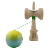 Kendama X Originala, Profesionala, Flippy, Super Sticky cu Cupe Mari KING SIZE V3, Gaura in Baza, Rulment Metalic, din lemn 18 cm, Ata 62/65 cm, Gradient Galben/Albastru/Verde - vivimall.ro